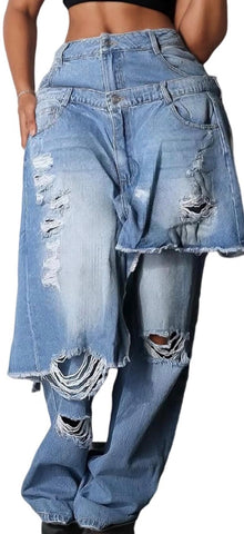 Double denim distressed high-waist.