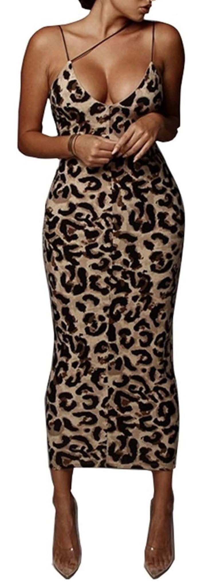 Spaghetti Strap Dress Deep V-Neck Sleeveless Bodycon Midi Dress